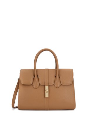 Tanimpruun nahast käekott, millel on kaks ülemist käepidet, esiküljel klapiga taskud, keskel kuldne lõhviklamber ja küljes õlarihm.