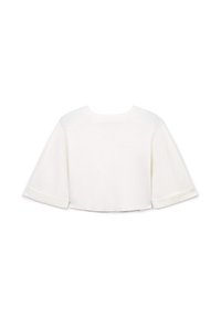 Maglione bianco corto con maniche corte, caratterizzato da una texture a coste e un collo rotondo. Design semplice e pulito senza ulteriori decorazioni.