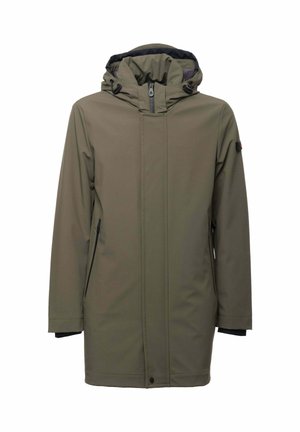 Cappotto invernale verde oliva con cappuccio, chiusura con zip e bottoni a pressione, tasche laterali con zip e coulisse regolabili sul cappuccio.