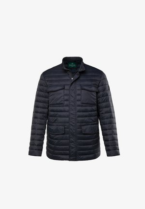 Gepolsterte Jacke aus navy-blauem Nylon, mit hohem Kragen, Frontreißverschluss und zwei Brusttaschen mit Klappen. Leichtgewichtig mit strukturierter Steppung.