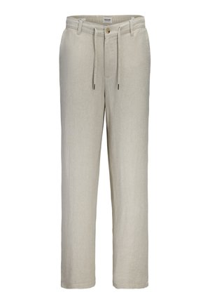 Béžové nohavice s rovnými nohavicami, pútkami na opasok, zapínaním na gombík, predným zipsom a nastaviteľným sťahovacím pásom v páse.