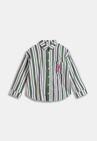 Zöld, rózsaszín és fehér függőleges csíkokkal díszített csíkozott ing, gombos záródással, gallérral és bal oldali mellkasi zsebbel, hímzett részlettel.