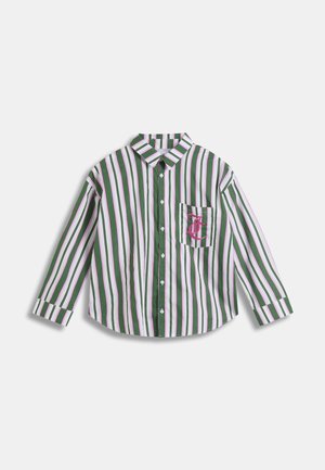 Triibuline särk, millel on rohelised, roosad ja valged vertikaalsed triibud, nööpkinnitusega, kraega ja vasakul rinnataskul tikandiga detail.