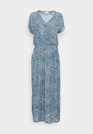Robe maxi bleue avec un décolleté en V, des manches courtes et une taille élastique. Présente un motif floral blanc et une texture de tissu fluide.