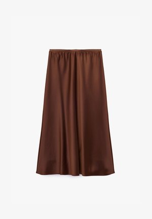 Brown satin skirt with an elastic waistband, knee-length, smooth texture, flowing design, and no visible embellishments or patterns.