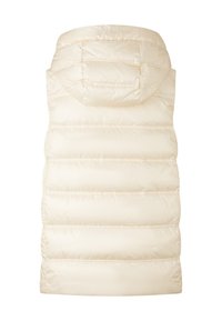 Béžová prošívaná vesta s připojenou kapucí. Má vodorovné prošití, lesklý vzhled a nejsou na ní vidět žádné zapínání ani kapsy.