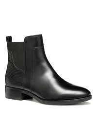 Botín negro de tobillo hecho de cuero suave y tejido elástico; cuenta con un panel lateral texturizado, puntera redondeada y un tacón bajo en bloque.