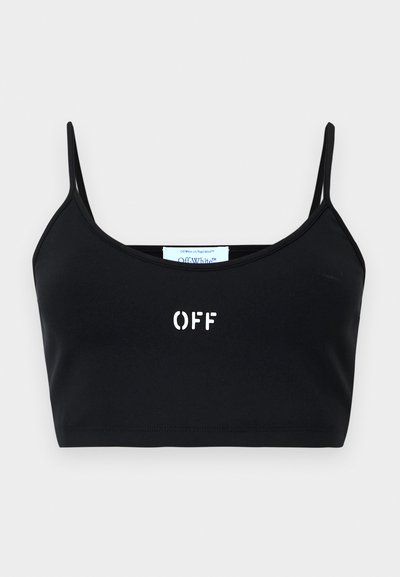 Černý crop top s tenkými špagetovými ramínky, vyrobený z hladkého materiálu. Na přední straně se nachází bílé logo "OFF", s minimalistickým designem a bez dalších akcentů.