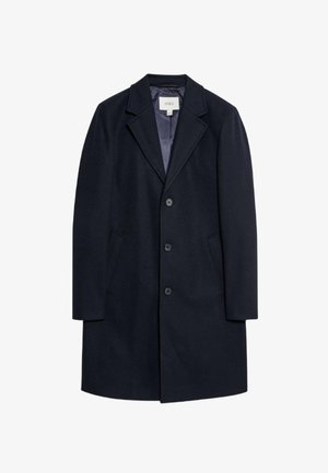 Granatowy płaszcz z wełny z domieszką, z klapami, trzema guzikami i dwoma bocznymi kieszeniami. Gładka podszewka, długość do połowy uda i dopasowany krój.