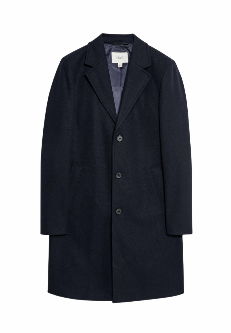 Marineblauwe wolmix jas met notch revers, drie knopen en twee zijzakken. Glad binnenvoering, midi-lengte en getailleerde pasvorm.