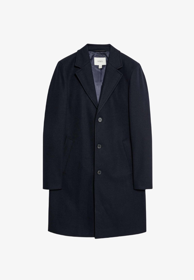 Marineblauwe wolmix jas met notch revers, drie knopen en twee zijzakken. Glad binnenvoering, midi-lengte en getailleerde pasvorm.