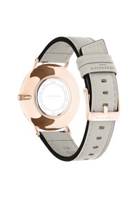 Roségoldene Edelstahl-Uhr mit einem hellgrauen Lederarmband, schwarzen Akzenten und runder Form. Enthält ein silberfarbenes Zifferblatt mit Markierungen.