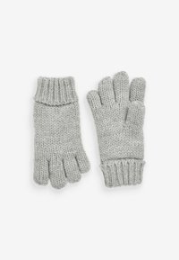 Grå stickade handskar med ribbad mudd, fingeröppningar och en texturerad mönster, som ger värme och flexibilitet för händer.