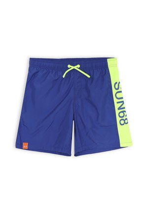 Pantaloni da nuoto blu realizzati in materiale leggero, con un pannello laterale verde neon su cui è stampato il testo "SUN68" e un cordoncino giallo a contrasto.