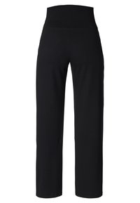 Zwarte wijde broek gemaakt van een zachte stof, met een hoge, elastische tailleband en een gladde textuur, zonder zichtbare patronen of hardware.
