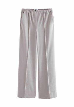 Lichtgrijze wijde broek met een elastische tailleband, zijzakken, een gladde textuur en minimale stikseldetails.