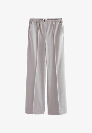 Pantalons larges gris clair avec une taille élastique, des poches latérales, une texture lisse et des détails de couture minimaux.
