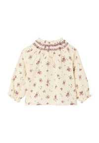 Floral blouse in cream, featuring gathered neckline with burgundy stitching, long puff sleeves, and small purple flower patterns throughout.