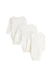 Set di tre bodysuit bianchi per neonati a maniche lunghe, con collo rotondo e chiusura a pressione nella parte inferiore, texture liscia.