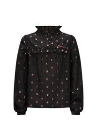 Blusa nera con colletto a balze e maniche lunghe, con pois metallici rosa dorato e chiusura a bottoni. Dettaglio ricamato "Detour".