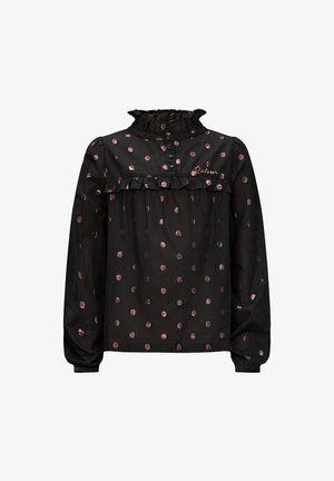 Schwarze Bluse mit Rüschenausschnitt und langen Ärmeln, verziert mit metallischen roségoldenen Punkten und einer Knopfleiste. Besticktes Detail "Detour".