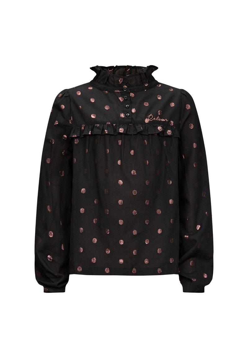 Blusa nera con colletto a balze e maniche lunghe, con pois metallici rosa dorato e chiusura a bottoni. Dettaglio ricamato "Detour".