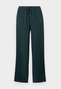 Dark green linen pants with a relaxed fit, featuring a drawstring waistband and wide legs, smooth texture, and no visible patterns.