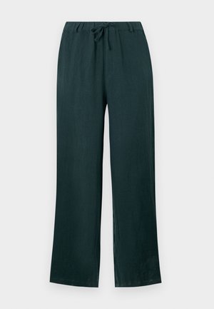 Calças de linho verde-escuro com um ajuste descontraído, apresentando um cós com cordão e pernas largas, textura suave e sem padrões visíveis.