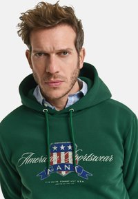Groene hoodie met een opvallend grafisch logo in een rood, wit en blauw schildontwerp, voorzien van trekkoorden en een zachte stofstructuur.