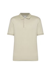 Polo shirt in cotone beige chiaro con colletto tradizionale, due bottoni e dettaglio del logo tono su tono sulla patta. Maniche corte con polsini a coste.