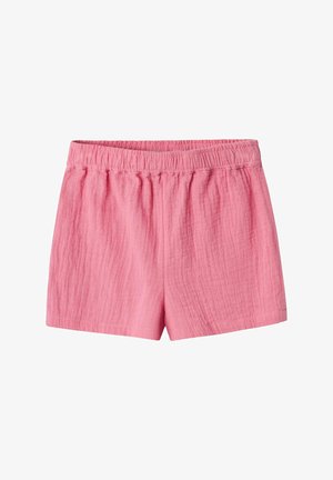Roze katoenen shorts met een elastische tailleband. Gelaagde stof met een subtiel gekreukeld patroon. Afgewerkte randen, casual ontwerp dat geschikt is voor warm weer.
