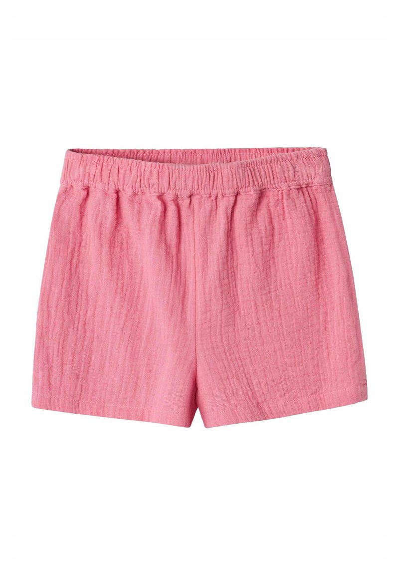 Shorts en coton rose avec une taille élastique. Tissu texturé avec un motif froissé subtile. Bords ourlés, design décontracté adapté aux temps chauds.