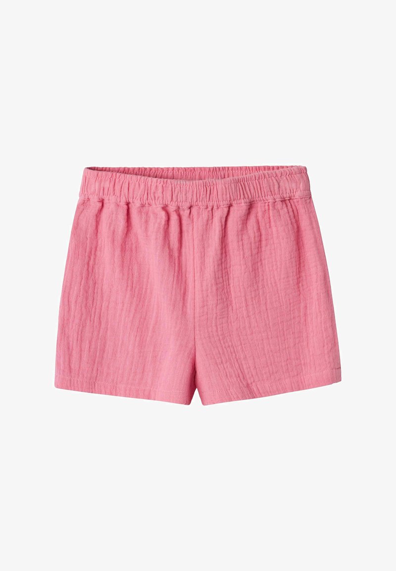 Shorts en coton rose avec une taille élastique. Tissu texturé avec un motif froissé subtile. Bords ourlés, design décontracté adapté aux temps chauds.