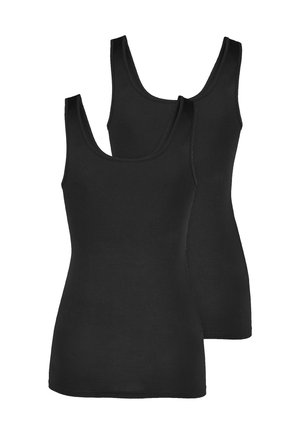 Two black sleeveless tank tops displayed overlapping on a white background.