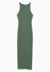 Abito lungo maxi a costine in verde tenue, con design a spalle scoperte e silhouette aderente. La texture morbida migliora comfort e caduta.