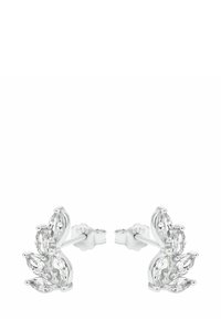 Silverörhängen med tre marquise-slipade klara stenar arrangerade i en blad-liknande design, med släta, jämna kanter och en polerad yta.