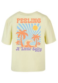 Short-sleeve yellow t-shirt featuring a retro graphic design with palm trees, a wave, sun, and the text "Feeling A Little Salty."