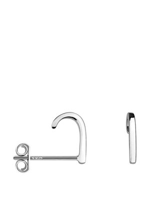 Silver heart-shaped stud earring with a straight post and butterfly back, shown from front and side views on a white background.