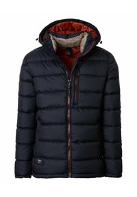 Czarna kurtka puchowa z kapturem, zapinana na zamek, z kontrastową pomarańczową podszewką. Pikowany wzór z miękkim wewnętrznym kołnierzem i naszywką z logo.