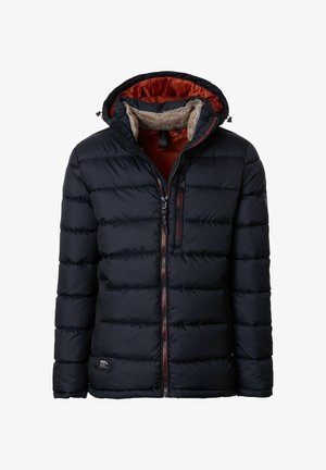 Czarna kurtka puchowa z kapturem, zapinana na zamek, z kontrastową pomarańczową podszewką. Pikowany wzór z miękkim wewnętrznym kołnierzem i naszywką z logo.