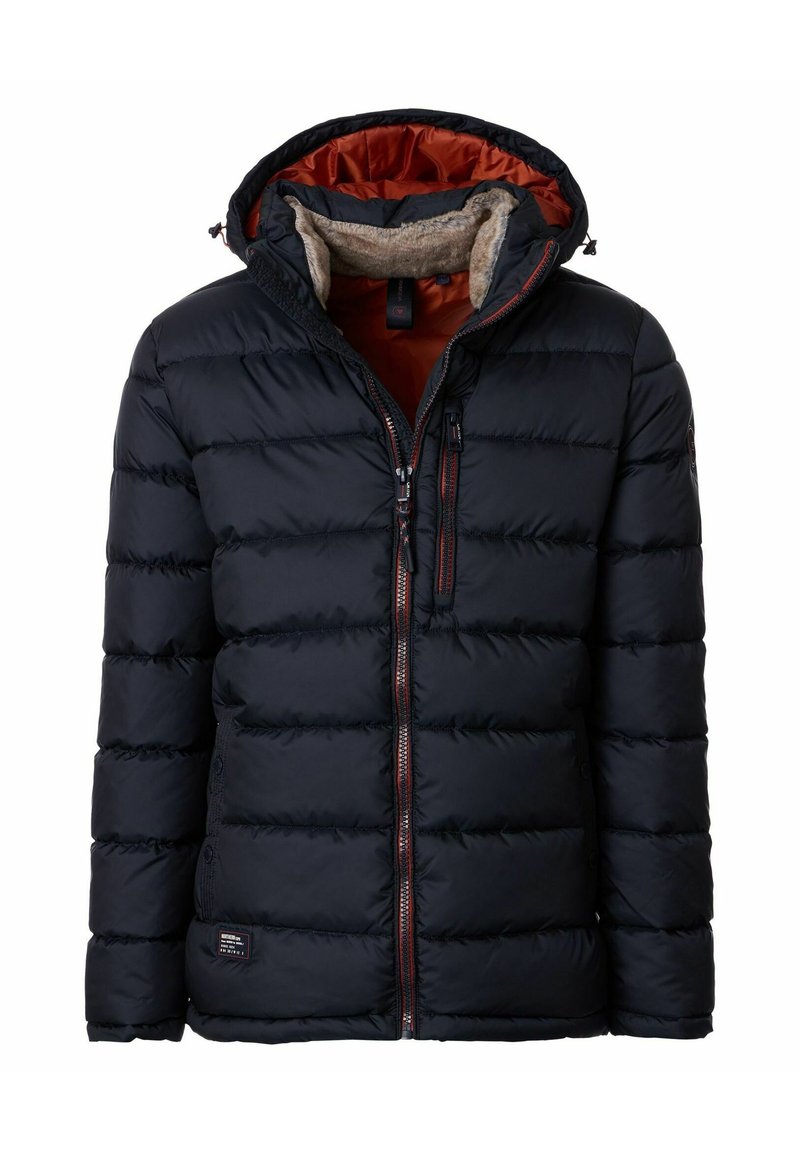 Czarna kurtka puchowa z kapturem, zapinana na zamek, z kontrastową pomarańczową podszewką. Pikowany wzór z miękkim wewnętrznym kołnierzem i naszywką z logo.