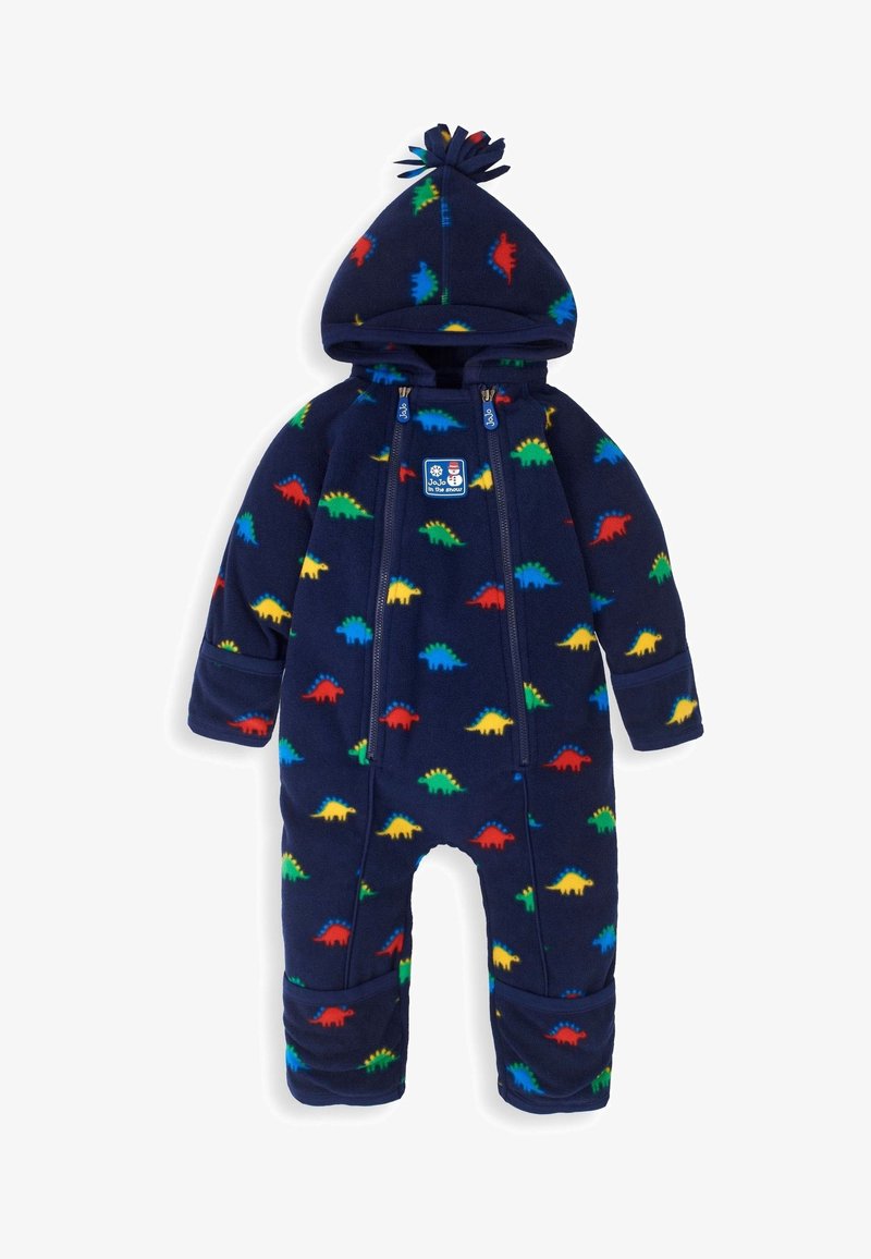 Mono de forro polar azul marino con un patrón de dinosaurios en rojo brillante, verde y amarillo. Tiene capucha con un pom-pom y dos cremalleras frontales.