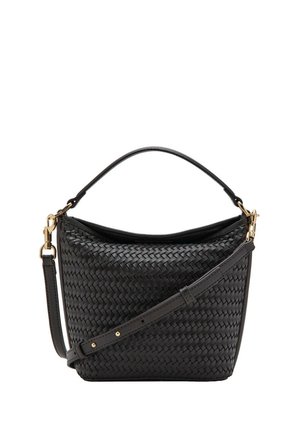 Borsa a mano in pelle nera intrecciata con manico superiore e tracolla regolabile con ferrature color oro.