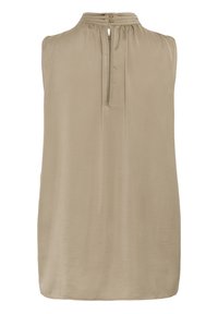 Blusa sin mangas beige con cuello alto, textura lisa y cierre de botones en la parte posterior con detalles de plisado.