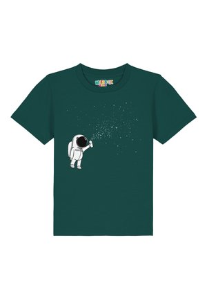 Türkisfarbenes Kinder-T-Shirt mit einem weißen Astronauten-Graphic, der eine Sprühdose mit Glitzer hält. Kurze Ärmel, klassischer Rundhals-Ausschnitt.