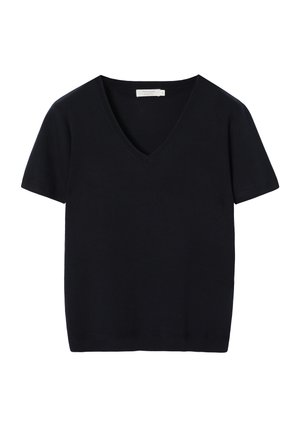 Short-sleeve, navy blue knit V-neck top with a fitted design and ribbed detailing at the neckline and hem, made from soft, lightweight fabric.