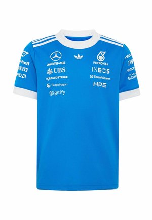 Niebieska koszulka zespołu wyścigowego z białym kołnierzem i paskami, z logo sponsorów Mercedes, Petronas, UBS, INEOS i innych.
