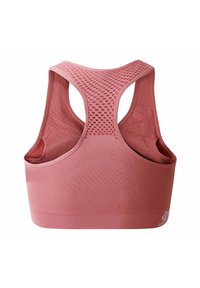 Sostén deportivo rosa con diseño de espalda nadadora, que cuenta con un panel de malla texturizada para transpirabilidad y una banda elástica suave en la parte inferior.