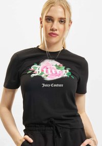 Melna īsām piedurknēm t-kreklu ar krāsainu rozes grafiku un tekstu "Juicy Couture". Gluda kokvilnas auduma un brīva piegriezuma.