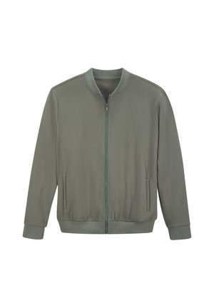 Hellgrüne, strukturierte Jacke mit Reißverschluss, geripptem Kragen, Bündchen und Saum, mit seitlichen Schlitz-Taschen und langen Ärmeln.